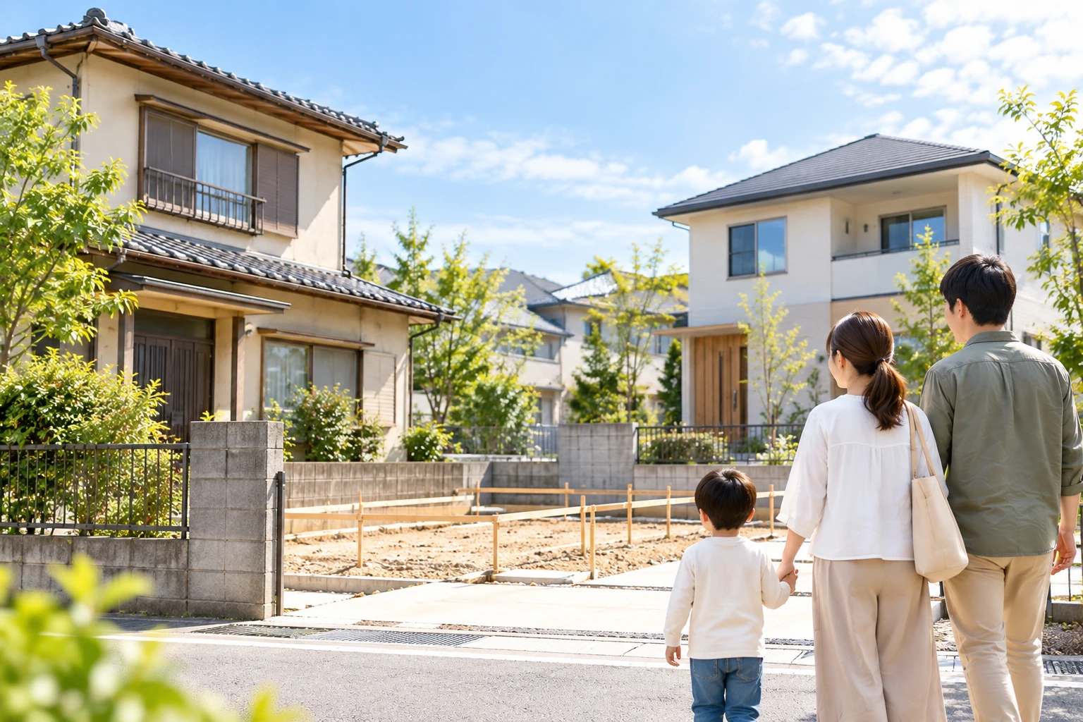 建て替え前後の住まいを眺める家族のイメージ